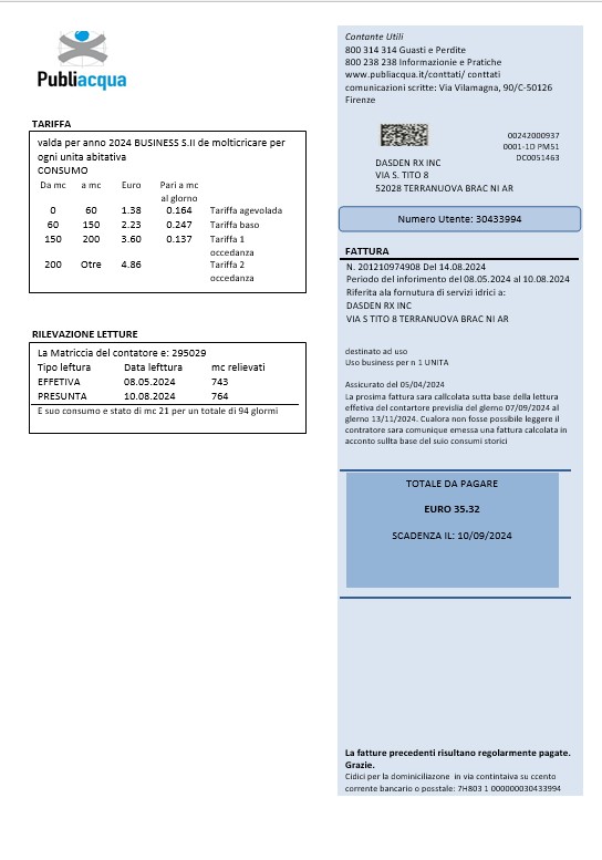 Italy Publiacqua business utility bill template in Word and PDF format